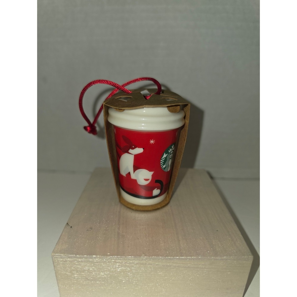 2011 Starbucks Ceramic Holiday To-Go Cup ornament dog and boy on a sled